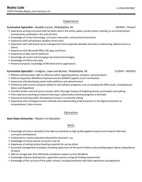 curriculum specialist resume